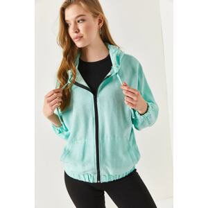 armonika Women's Light Green Hoodie with Zipper Oversized Sweatshirt