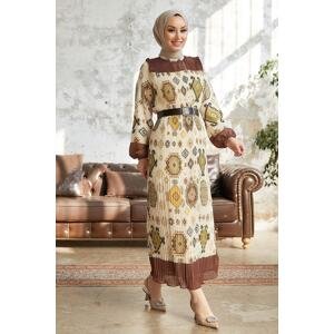 InStyle Viona Patterned Pleated Dress with a Belt - Brown