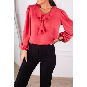 armonika Women's Dark Pink Satin Blouse with Frilled Collar on the Shoulders and Elasticated Sleeves