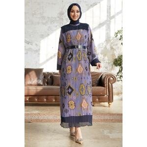 InStyle Viona Patterned Pleated Dress with a Belt - Purple