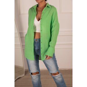 armonika Women's Light Green Oversized Textured Linen Look Wide Cuff Shirt