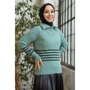 InStyle Sova Neck Zipper Striped Knitwear Sweater - Mint