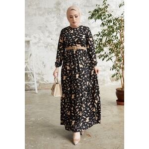 InStyle Rena Patterned Dress with a Straw Belt - Black