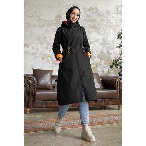 InStyle Hooded Neon Trench with Pleated Waist - Black \ Orange