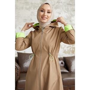 InStyle Hooded Neon Trench with Pleated Waist - Beige \ Green