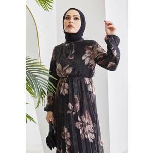 InStyle Serena Floral Print Pleated Chiffon Hijab Dress - Black
