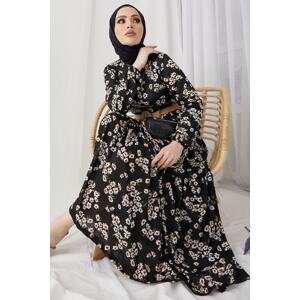 InStyle Lesa Floral Hijab Dress with Straw Belt - Black
