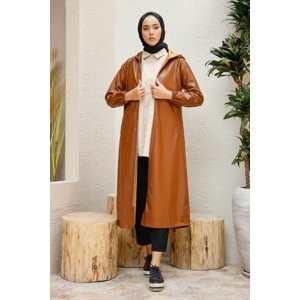 InStyle Hooded Long Leather Cape - Camel