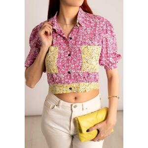 armonika Women's Pink Crop Shirt with Elastic Sleeves, Pocket and Back Detail