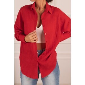 armonika Women's Red Oversized Textured Linen Look Wide Cuff Shirt