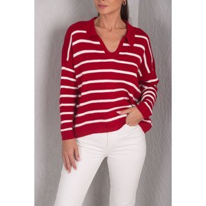 armonika Women's Red Striped Polo Collar Knitwear Sweater