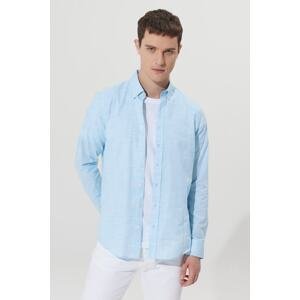 AC&Co / Altınyıldız Classics Men's Turquoise Slim Fit Slim Fit Buttoned Collar Linen-Looking 100% Cotton Flared Shirt.