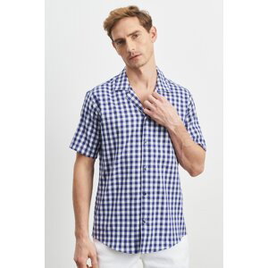 AC&Co / Altınyıldız Classics Men's White-Navy Blue Comfort Fit Relaxed Fit Mono Collar Checkered Short Sleeve Casual Shirt