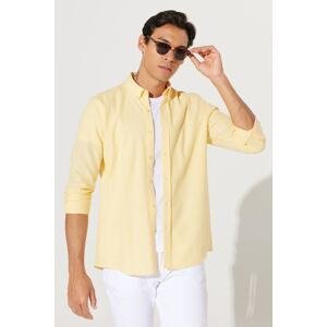 AC&Co / Altınyıldız Classics Men's Yellow Tailored Slim Fit Slim Fit Buttoned Collar Linen Look 100% Cotton Flamed Shirt