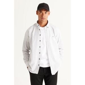 AC&Co / Altınyıldız Classics Men's White-Black Comfort Fit Relaxed Cut Buttoned Collar Checkered Cotton Shirt