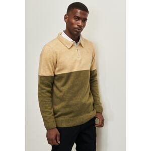 AC&Co / Altınyıldız Classics Men's Beige Khaki Standard Fit Regular Cut Polo Neck Ruffled Soft Textured Knitwear Sweater