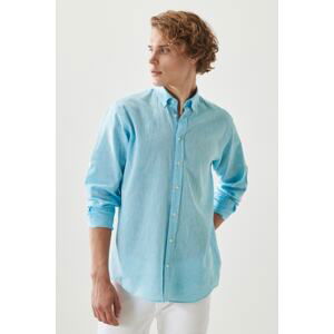 AC&Co / Altınyıldız Classics Men's Turquoise Comfort Fit Relaxed-Cut Buttoned Collar Casual Linen Shirt.