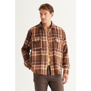 AC&Co / Altınyıldız Classics Men's Mink-brown Oversize Loose Cut Button Collar Plaid Winter Shirt Jacket