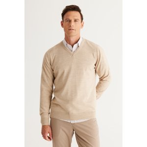 ALTINYILDIZ CLASSICS Men's Beige Standard Fit Normal Cut V-Neck Knitwear Sweater.