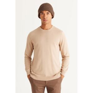 ALTINYILDIZ CLASSICS Men's Beige Melange Standard Fit Normal Cut Crew Neck Cotton Knitwear Sweater.