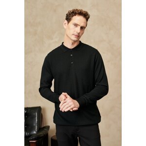 ALTINYILDIZ CLASSICS Men's Black Standard Fit Normal Cut Polo Neck Woolen Dobby Knitwear Sweater.