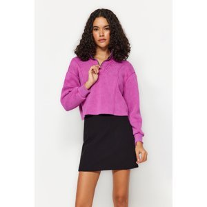 Trendyol Dark Pink Antiqued/Faded Effect Thick Fleece Inside Comfort Fit Crop Knitted Sweatshirt