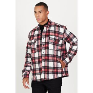 AC&Co / Altınyıldız Classics Men's Ecru Red Oversize Loose Cut Button Collar Pocket Plaid Patterned Lumberjack Winter Shirt Jacket
