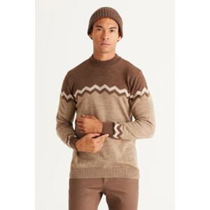 AC&Co / Altınyıldız Classics Men's Brown-beige Standard Fit Normal Cut Half Turtleneck Zigzag Patterned Knitwear Sweater
