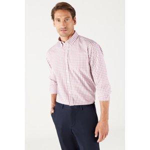 AC&Co / Altınyıldız Classics Men's White-Burgundy Comfort Fit Relaxed Cut Buttoned Collar Cotton Checkered Shirt
