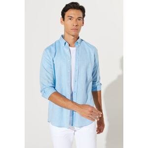 AC&Co / Altınyıldız Classics Men's Blue Slim Fit Slim Fit Buttoned Collar Cotton Dobby Linen Shirt