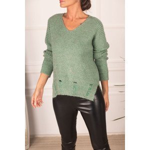 armonika Women's Mint V-Neck Thick Hem Ripped Detailed Knitwear Sweater