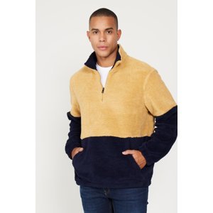 AC&Co / Altınyıldız Classics Men's Mustard-navy blue Standard Fit Stand-Up Bato Collar Kangaroo Pocket Double Color Sherpa Fleece Sweatshirt