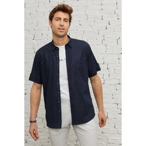 AC&Co / Altınyıldız Classics Men's Navy Blue Comfort Fit Comfy Cut Buttoned Collar Linen-Looking 100% Cotton Short Sleeve Shirt.