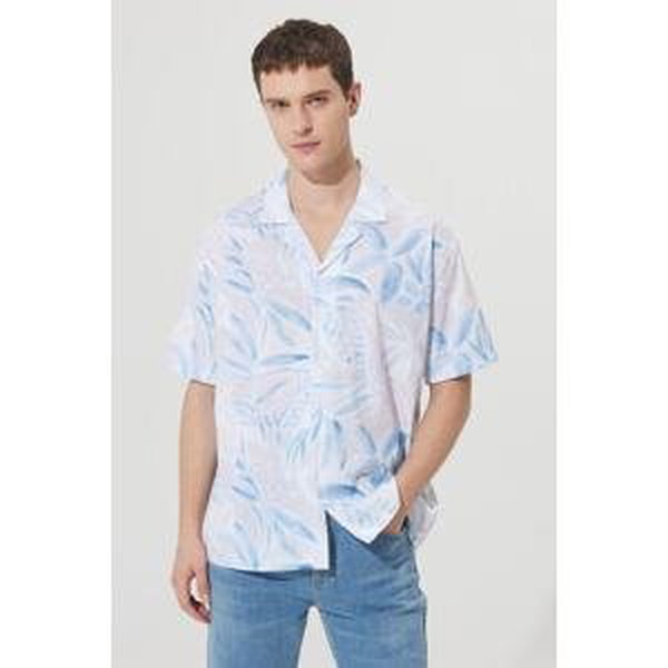 AC&Co / Altınyıldız Classics Men's Beige-navy blue Oversize Loose Cut Cuban Collar 100% Cotton Printed Short Sleeve Shirt