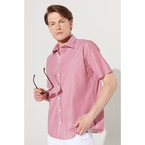 AC&Co / Altınyıldız Classics Men's Burgundy-White Comfort Fit Relaxed Fit Classic Collar 100% Cotton Striped Shirt