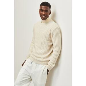 AC&Co / Altınyıldız Classics Men's Ecru Standard Fit Regular Fit Crew Neck Jacquard Wool Knitwear Sweater