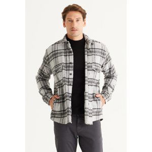 AC&Co / Altınyıldız Classics Men's Gray Oversize Loose Cut Button Collar Plaid Winter Shirt Jacket