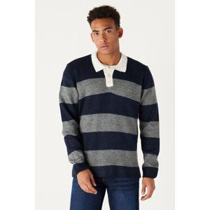 AC&Co / Altınyıldız Classics Men's Navy Blue-gray Standard Fit Regular Fit Polo Neck Striped Soft Textured Knitwear Sweater