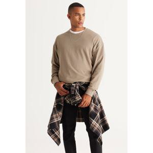 AC&Co / Altınyıldız Classics Men's Light Khaki Loose Fit 3 Thread Crew Neck Jacquard Sweatshirt with Fleece Inside