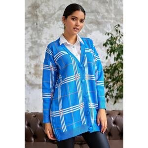 InStyle Meri Checked and Knitwear Patterned Cardigan - Blue