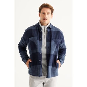 AC&Co / Altınyıldız Classics Men's Navy Blue-Sax Oversize Loose Cut Button Collar Plaid Patterned Lumberjack Winter Shirt Jacket