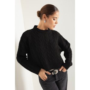 Lafaba Women's Black Crew Neck Hair Braided Knitwear Sweater