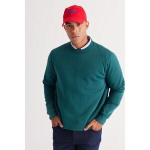 AC&Co / Altınyıldız Classics Men's Dark Green Standard Fit Normal Cut 3 Thread Crew Neck Cotton Sweatshirt with Inner Fleece