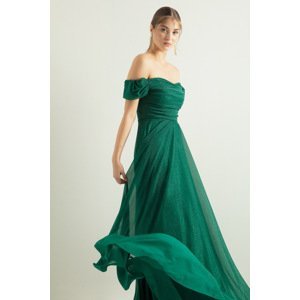 Lafaba Women's Emerald Green Boat Neck Draped Long Silvery Evening Dress