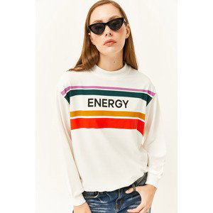 Olalook Women's Energy Ecru Printed Soft Textured Sweatshirt