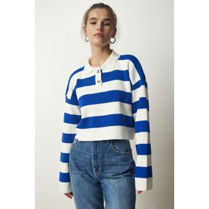 Happiness İstanbul Women's White Blue Stylish Buttoned Collar Striped Crop Knitwear Sweater