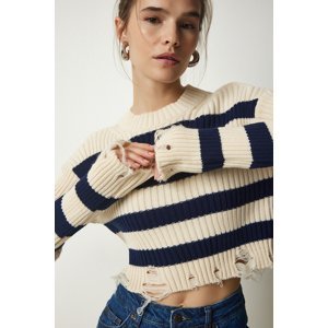 Happiness İstanbul Women's Cream Navy Blue Ripped Detail Knitwear Crop Sweater