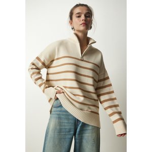 Happiness İstanbul Women's Cream Biscuit Zippered Collar Striped Knitwear Sweater