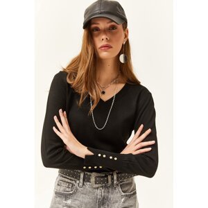 Olalook Women's Black V-Neck Cuff Slit Buttoned Knitwear Sweater
