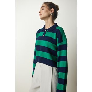 Happiness İstanbul Women's Navy Blue Green Stylish Buttoned Collar Striped Crop Knitwear Sweater